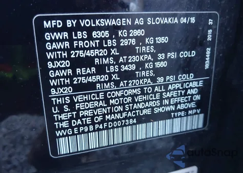 2015 Volkswagen Touareg Tdi Executive из США, поврежденный, VIN WVGEP9BP4FD007384